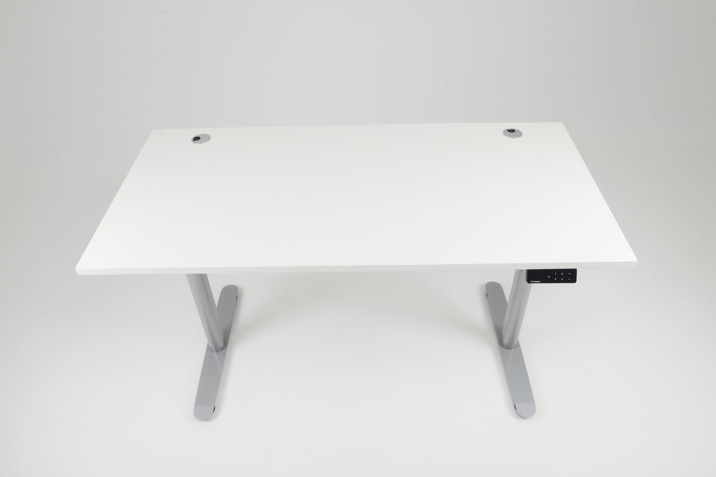 White standing desk with gray legs on a white background