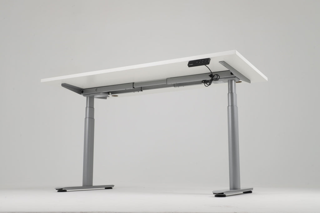 Adjustable standing desk with gray legs and white top